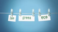 The words bio, green and eco hanging on a washing line