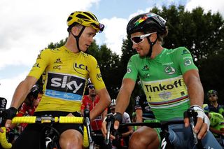 Chris Froome and Peter Sagan plotting at the start of Stage 11 of the Tour de France