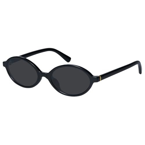Mosanana Trendy Oval Sunglasses for Women 2025 Small 90s Retro Vintage Cute Fashion Cool Thin Skinny Narrow Tiny Black Frame Grey Lens Ms52477