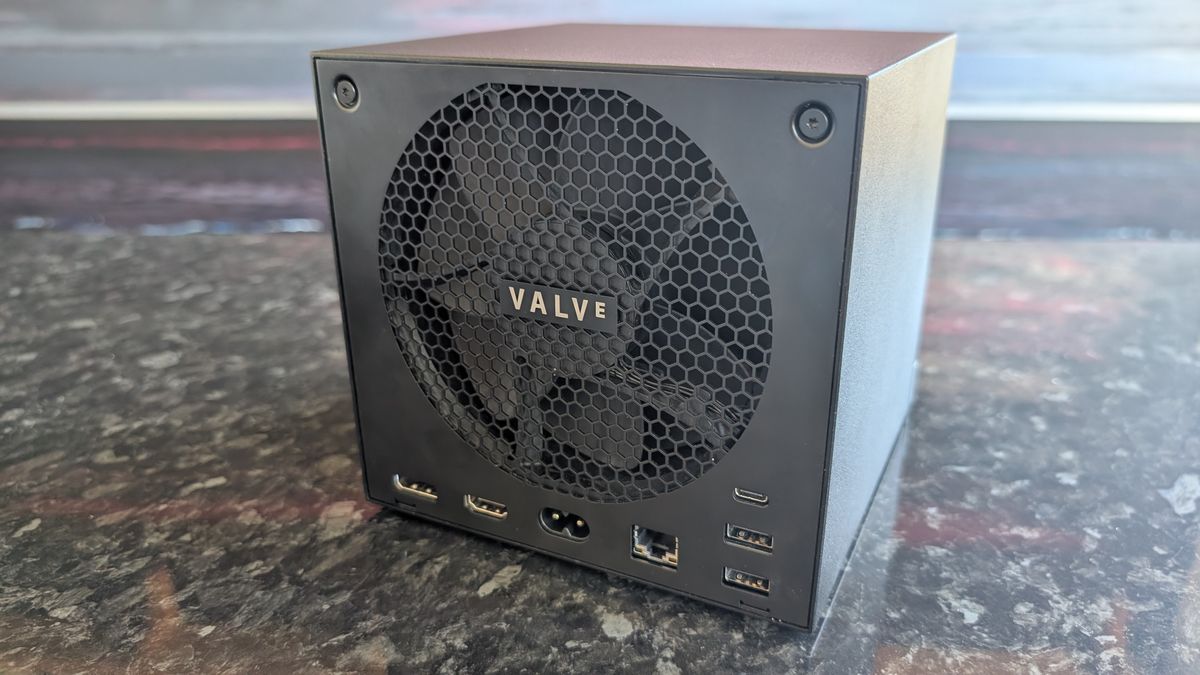 The Valve Steam Machine, pictured on a dark marble worktop.