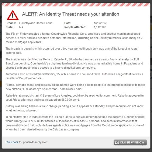 SmarterPrivacy image: This image shows an alert from SmarterPrivacy in connection with Countrywide Home Loan.