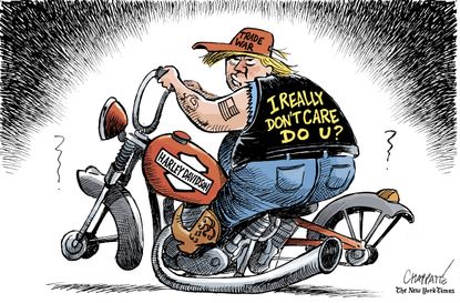 Political cartoon World Trump trade war tariffs Harley-Davidson Melania jacket