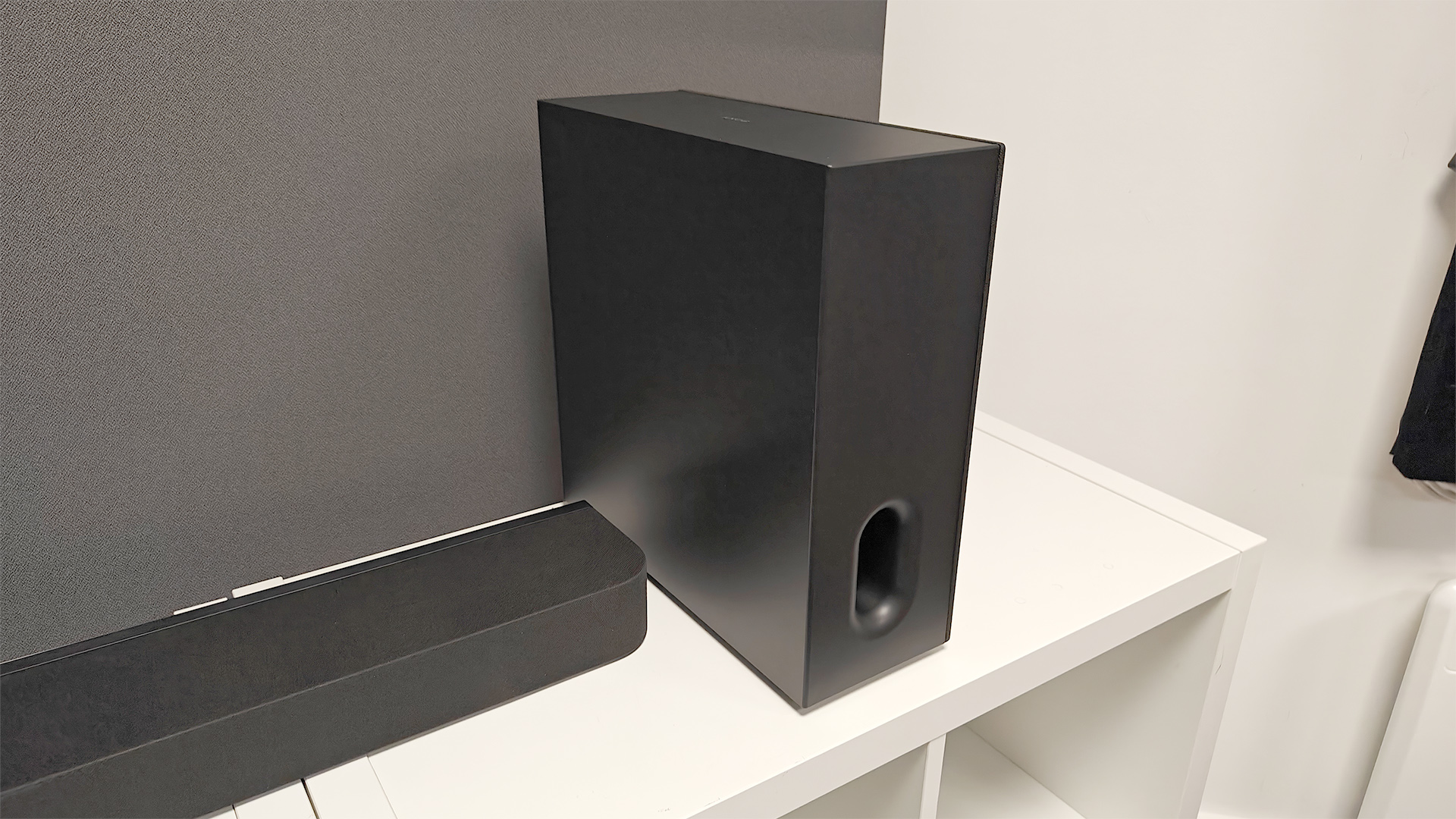 Sony Bravia Theatre Bar 7 + S soundbar package on white shelving unit