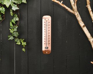 outdoor thermometer hanging on a black painted garden fence