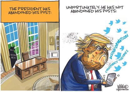 Political Cartoon U.S. Trump tweets conspiracies
