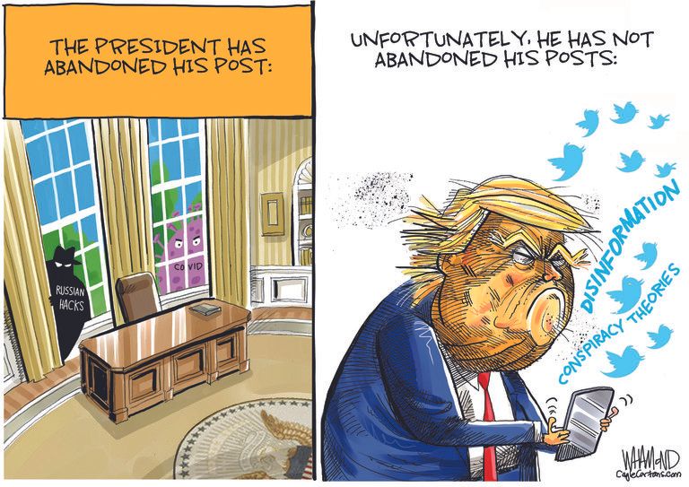 Political Cartoon U.S. Trump tweets conspiracies