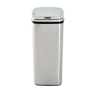 A tall stainless steel kitchen bin