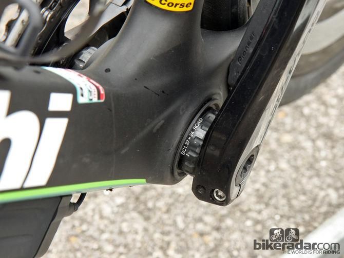 Shimano Dura-Ace bottom bracket cups are threaded into the PF30 adapters