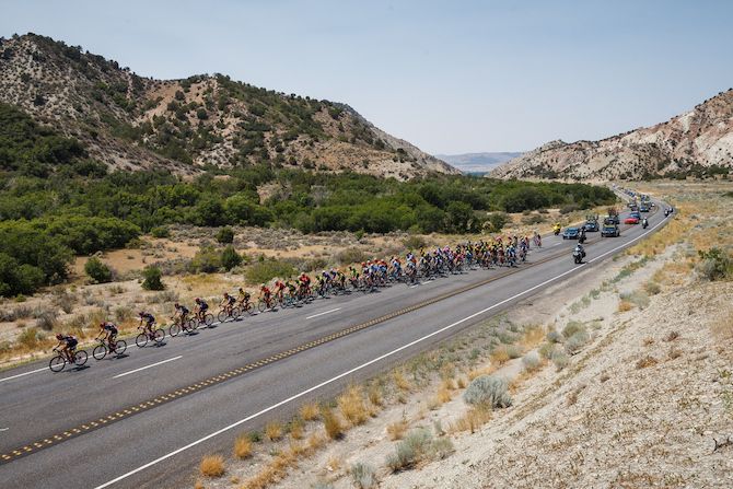 The peloton enters one od todays canyons on August 8, 2018 in Cedar City, Utah.