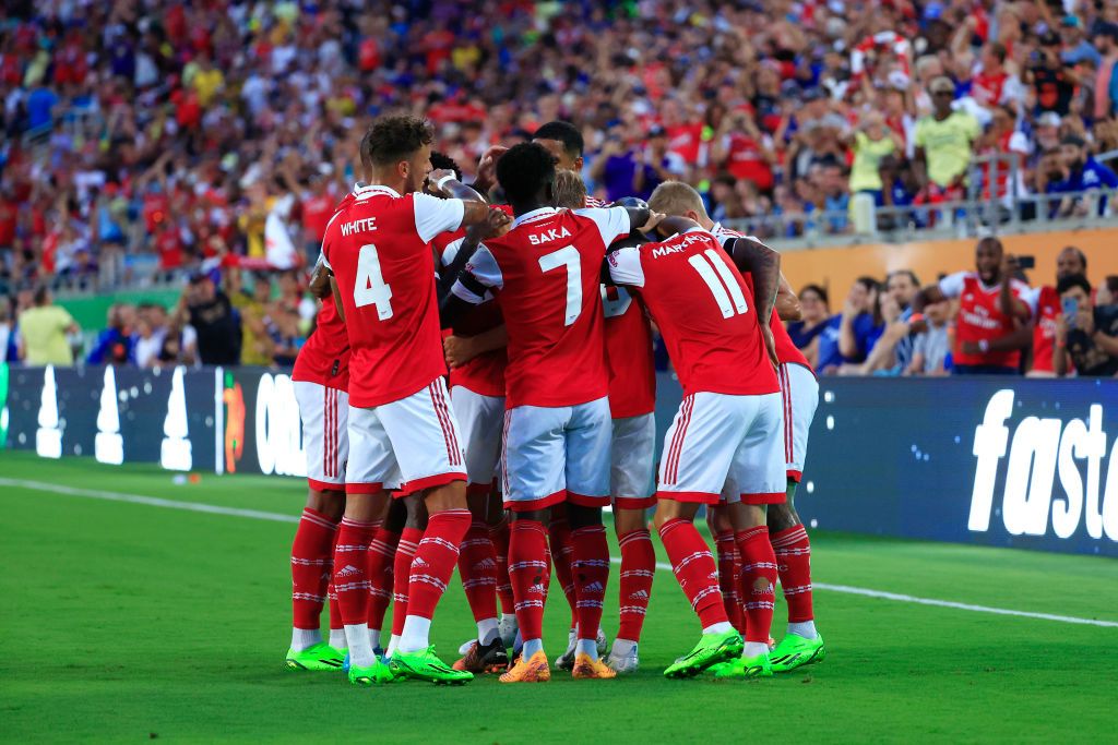 Arsenal 2022/23 season preview and prediction: Gabriel Jesus (Hidden) of Arsenal celebrates with teammates after scoring their side&#039;s first goal during the Florida Cup match between Chelsea and Arsenal at Camping World Stadium on July 23, 2022 in Orlando, Florida.