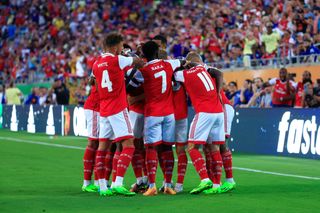 Arsenal 2022/23 season preview and prediction: Gabriel Jesus (Hidden) of Arsenal celebrates with teammates after scoring their side's first goal during the Florida Cup match between Chelsea and Arsenal at Camping World Stadium on July 23, 2022 in Orlando, Florida.