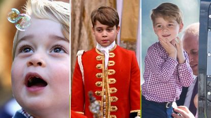 A collage of three photos of Prince George throughout the years 