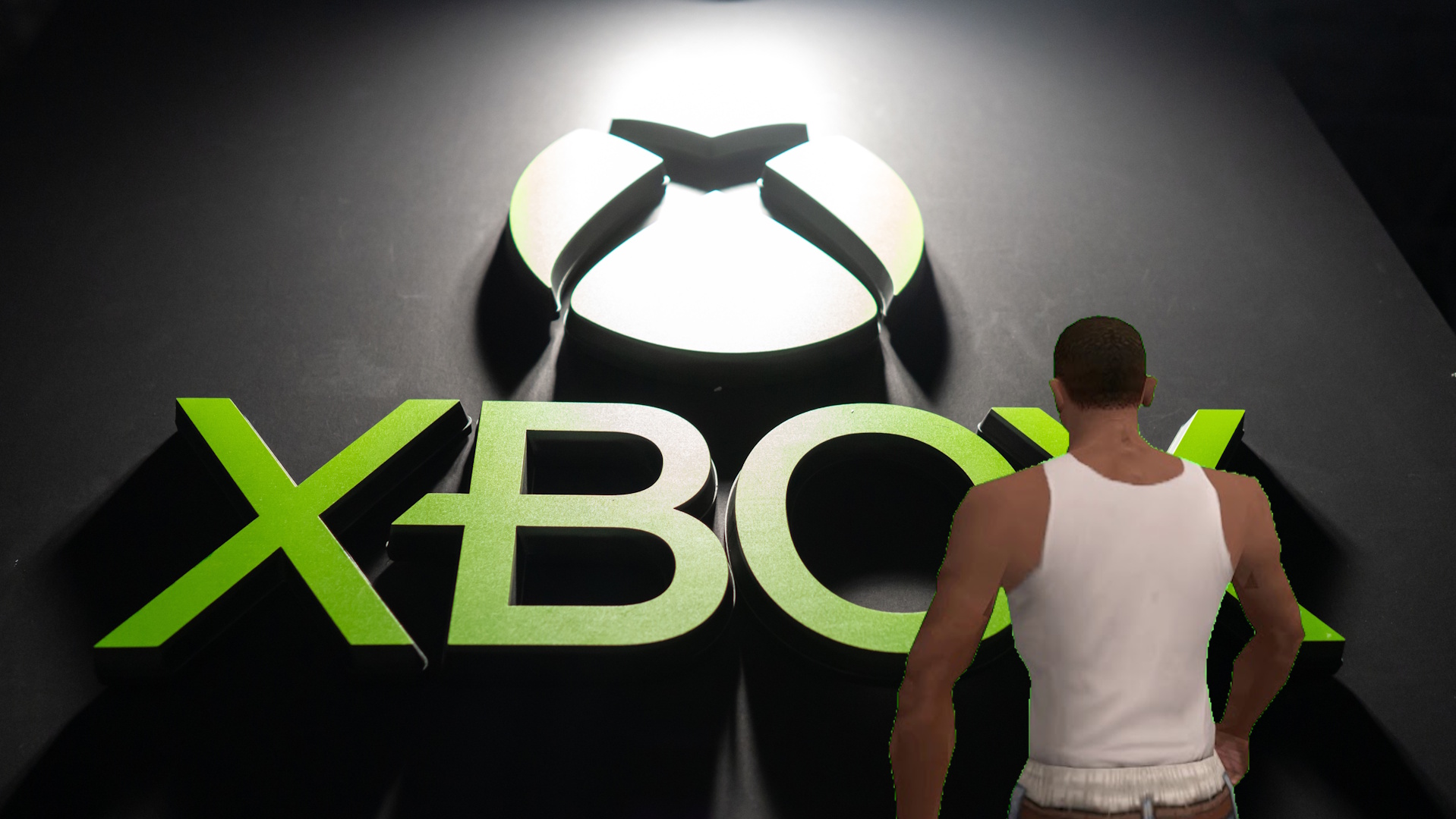 CJ "ah shit, here we go again" meme image laid over Xbox logo seen during the Tokyo Game Show 2024 at Makuhari Messe on September 26, 2024 in Chiba, Japan