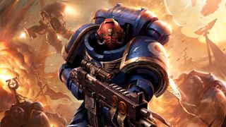 Artwork depicting a Space Marine of the Ultramarines chapter.