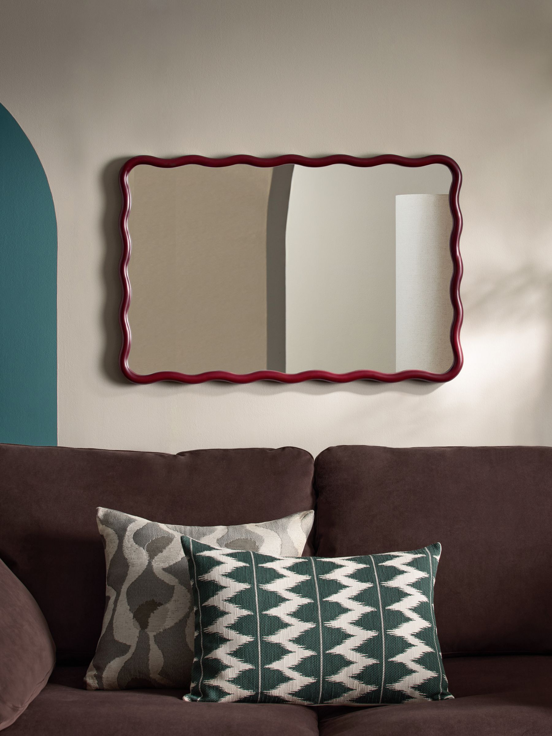 Red Wooden Wavy Pine Rectangular Wall Mirrror