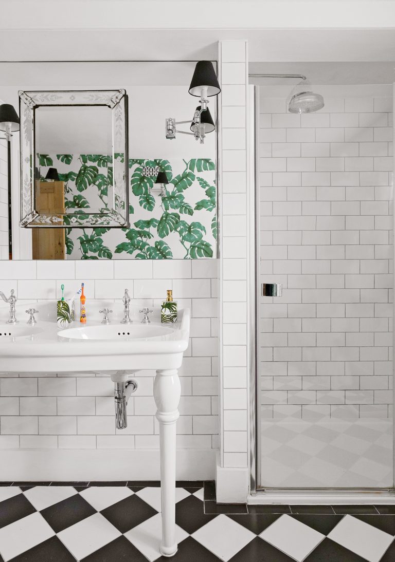 palm print bathroom wallpaper with metro tiles