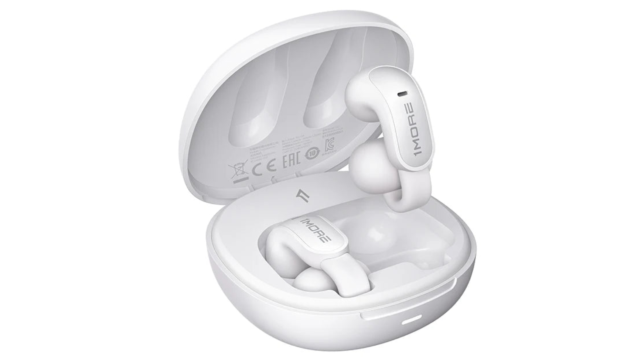 1More Ear Clip S12 ear buds in white, in a white charging case, on a white background