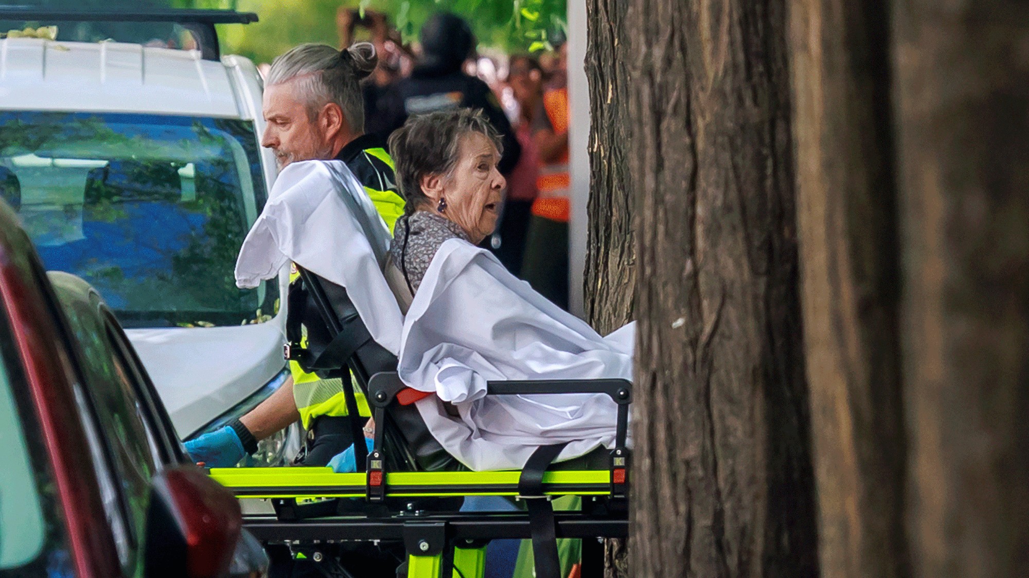 Police officers escort 87-year-old Mari Carmen from her home in central Madrid, Spain, after she is evicted by court order 