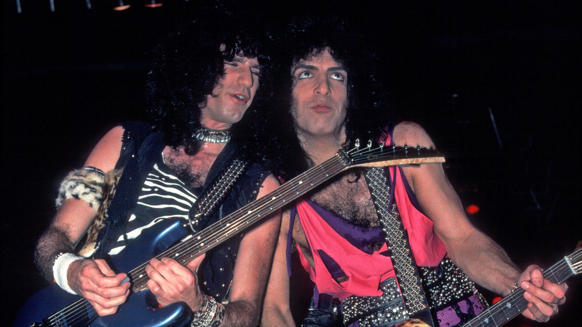 American musicians Bruce Kulick (left) and Paul Stanley of the group Kiss perform at the Mecca Arena, Milwaukee, Wisconsin, December 30, 1984. 