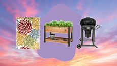 The Home Depot Spring Black Friday sale 2024 items on a sunset background, including an outdoor rug, raised flower bed, and grill