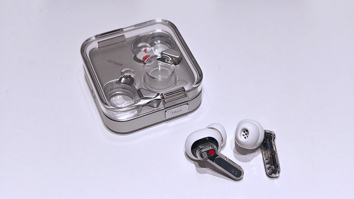 Nothing Ear 3; photos of white and metallic earbuds with transparent plastic casing