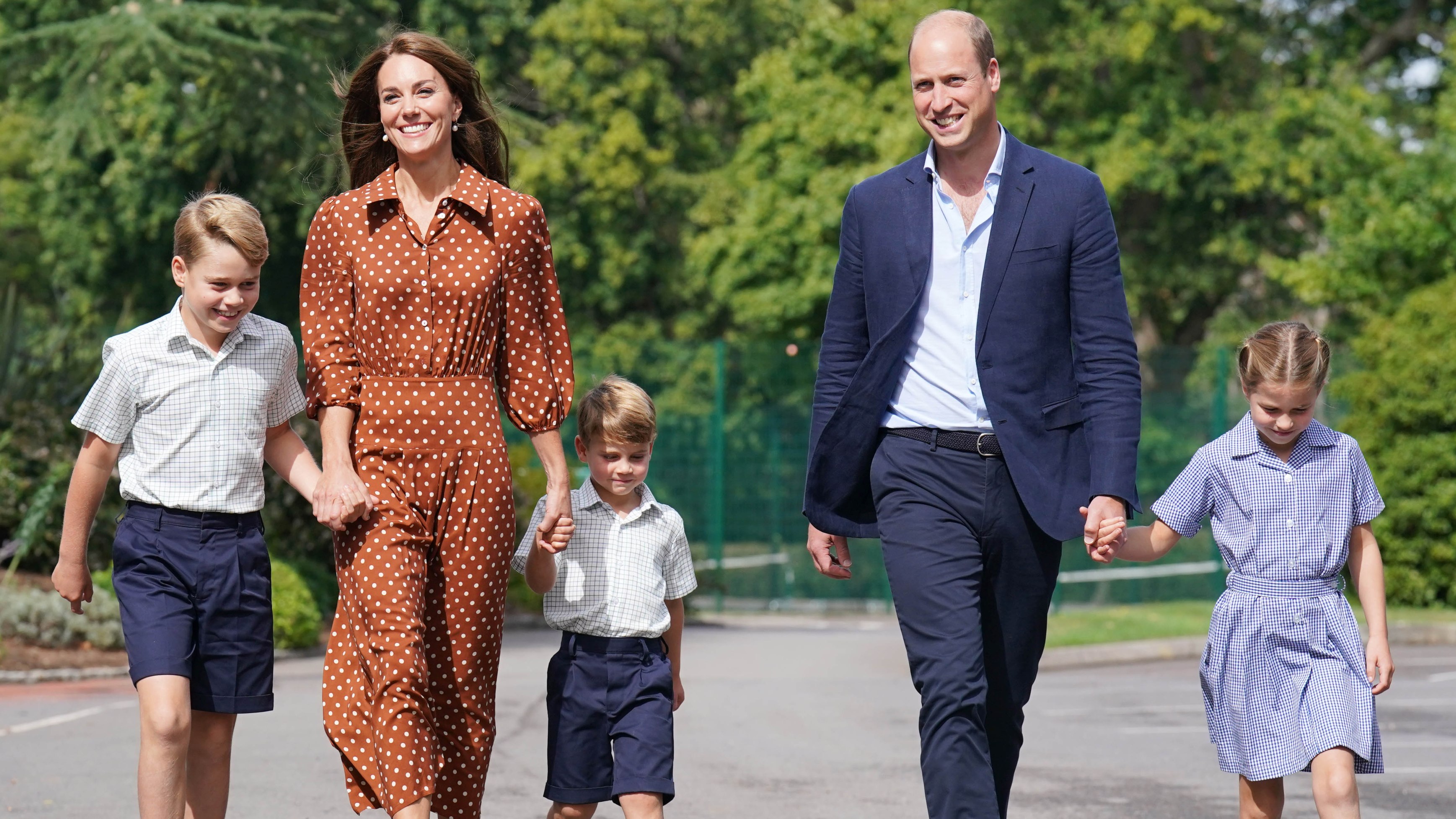 Prince George, Princess Charlotte and Prince Louis, accompanied by Prince William and Catherine, Princess of Wales, arrive for a settling in afternoon at Lambrook School, near Ascot on September 7, 2022