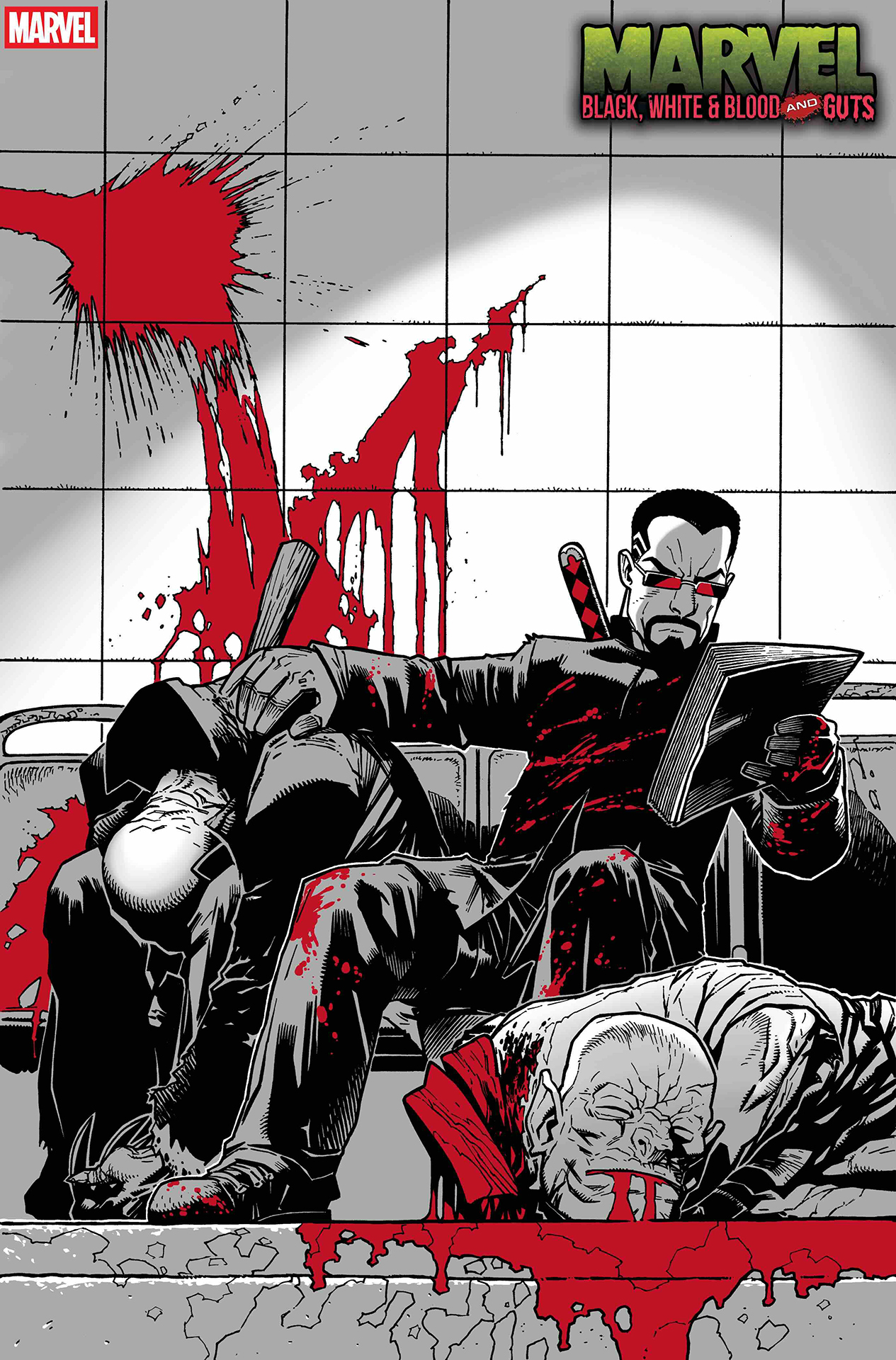 Blade sitting on top of a bloody mound of slain vampires
