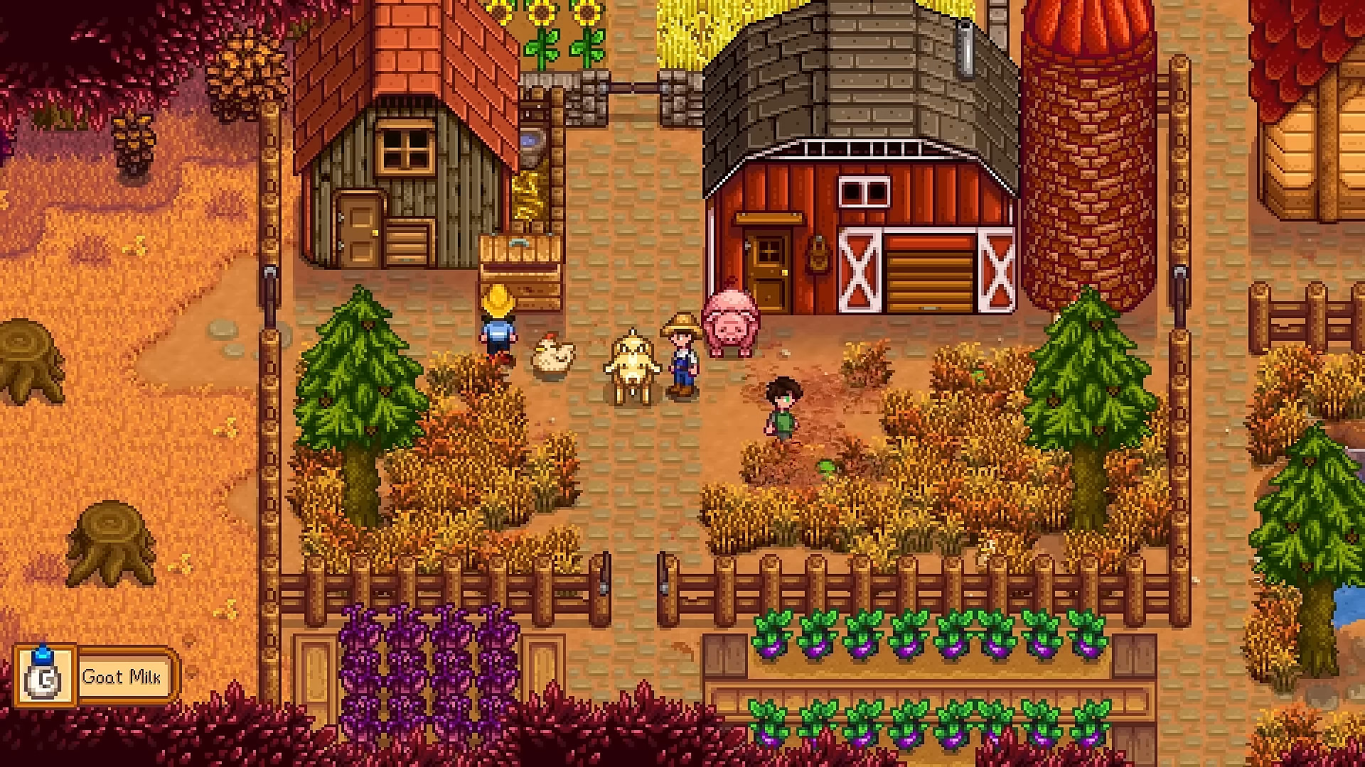 Three framers doing chores during Autumn on a shared farm together in Stardew Valley.