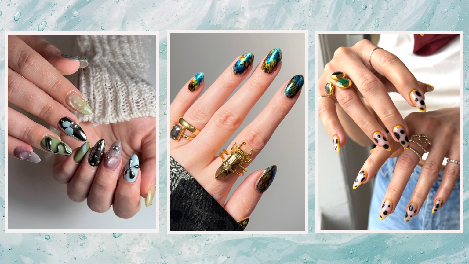 a trio of maximalist manicures on a blue water background