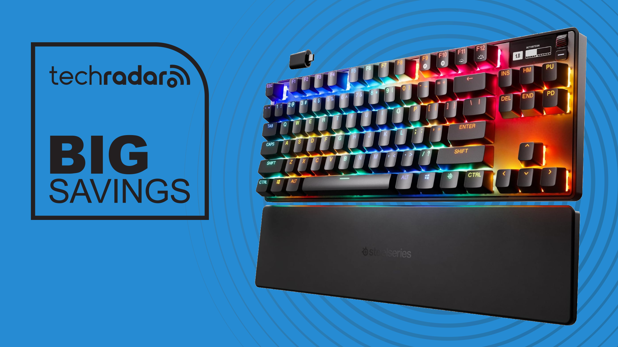 SteelSeries Apex Pro TKL Gen 2 (2023) on blue background with text in top-left corner reading &#039;techradar Big Savings&#039;
