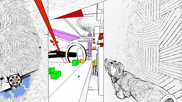 Screenshots from the indie first-person-shooter game VINCIT showing a mix of hand-drawn and CGI art style