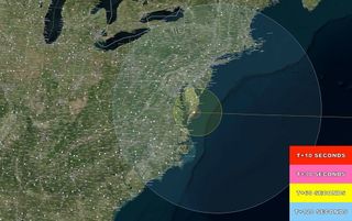 This NASA map shows the regions of visibility for the LADEE moon probe launch from Wallops Island, Va., on Sept. 6, 2013 at 11:27 p.m. EDT (0327 GMT).