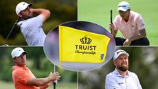 Scottie Scheffler, Collin Morikawa, Brooks Koepka, Shane Lowry and a yellow Truist Championship flag