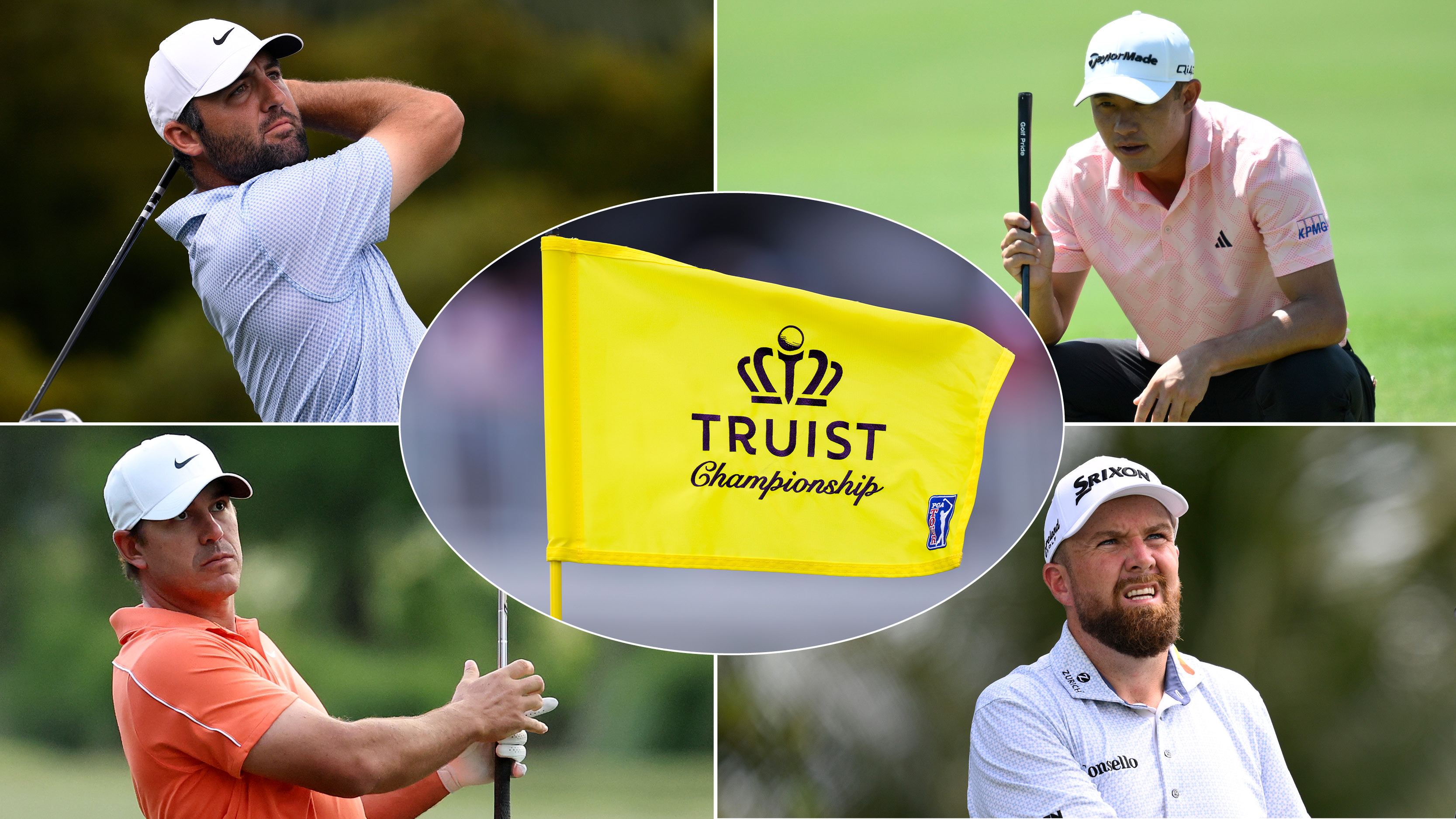 Scottie Scheffler, Collin Morikawa, Brooks Koepka, Shane Lowry and a yellow Truist Championship flag