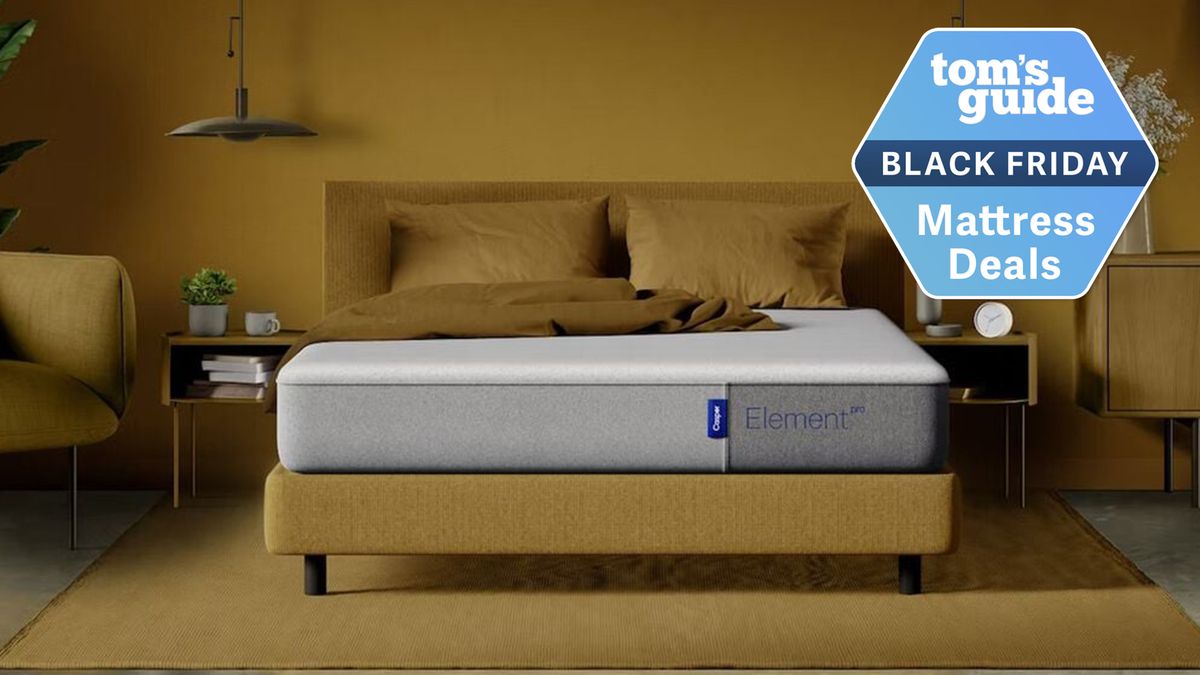 A Casper Element mattress in a yellow bedroom with a Tom&#039;s Guide Black Friday mattress deals label