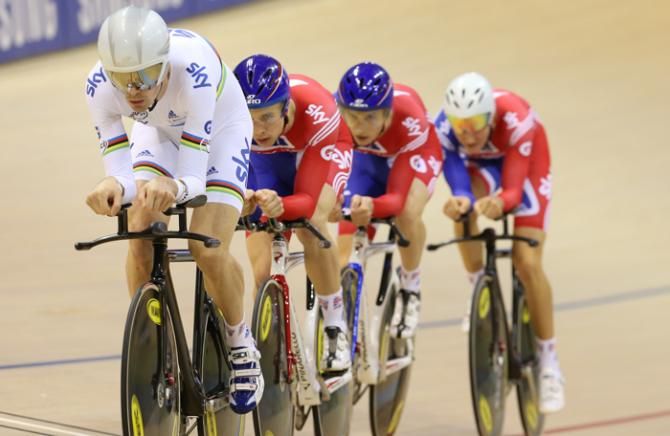 World team pursuit champion Andy Tennant leads his less experienced British team mates in team pursuit qualification