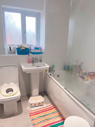 'Before' image showing bathroom with basic white suite