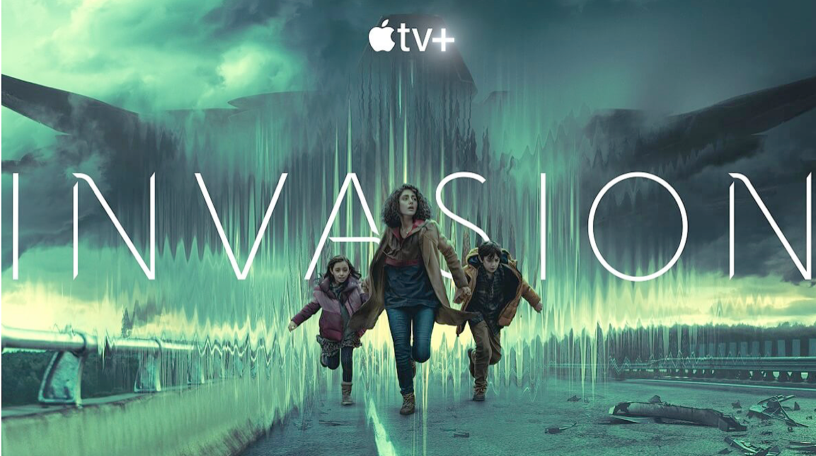 poster art with a mother and children running from a spaceship