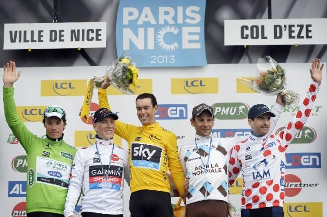 Richie Porte (Sky) with Sylvain Chavanel, Andrew Talansky, Jean-Christophe Peraud and Johan Tschopp at the end of Paris-Nice.