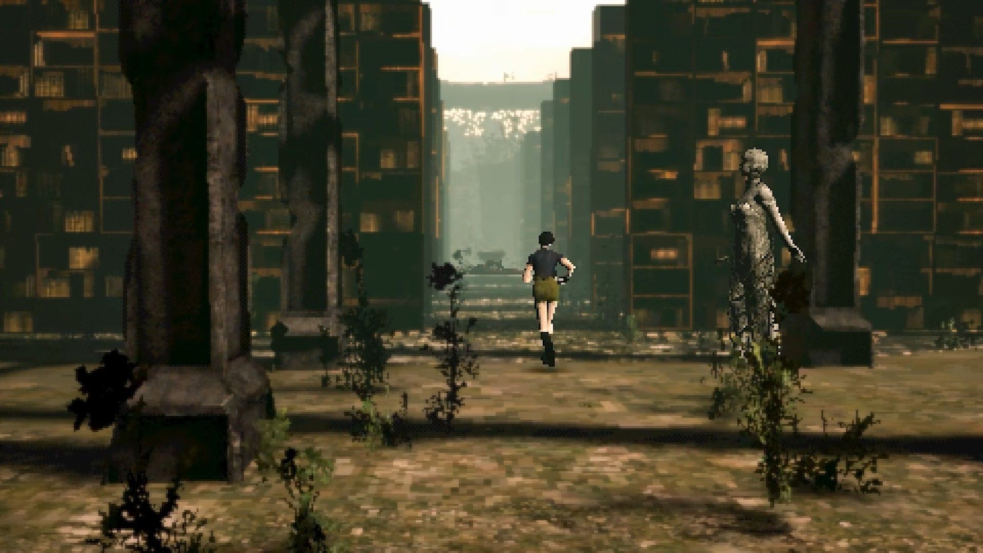 Sam runs through bookshelves in a forest in Heartworm