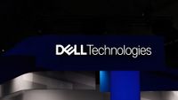 Dell Technologies logo and branding pictured at the company's stall at Mobile World Congress (MWC) in Barcelona, Spain.