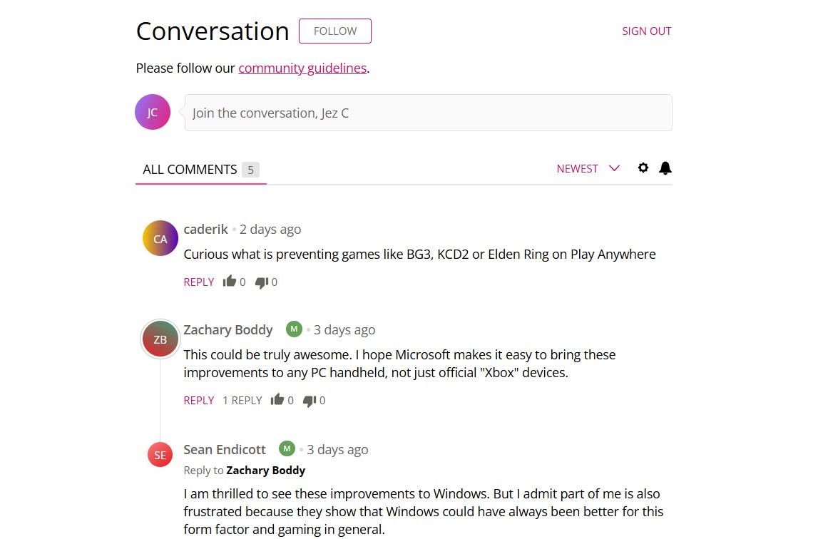 Windows Central comments system