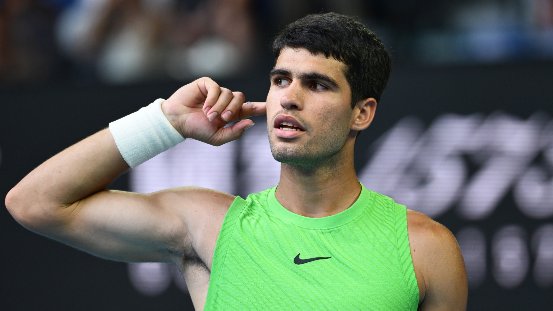 Carlos Alcaraz of Spain celebrating a point at the 2026 Australian Open at Melbourne Park