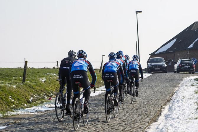 It's nearly time for the cobbled Classics! Garmin-Sharp riders train with former teammate Heinrich Haussler on the Omloop Het Nieuwsblad pave.