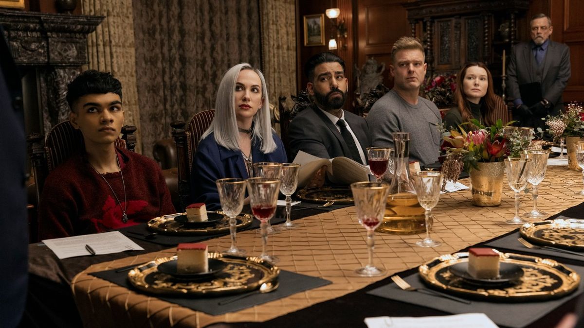 Sauriyan Sapkota as Prospero Usher, Kate Siegel as Camille L&#039;Espanaye, Rahul Kohli as Napoleon Usher, Matt Biedel as Bill-T Wilson, Samantha Sloyan as Tamerlane Usher, Mark Hamill as Arthur Pym in The Fall of the House of Usher