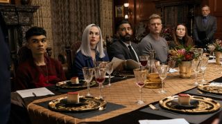 Sauriyan Sapkota as Prospero Usher, Kate Siegel as Camille L'Espanaye, Rahul Kohli as Napoleon Usher, Matt Biedel as Bill-T Wilson, Samantha Sloyan as Tamerlane Usher, Mark Hamill as Arthur Pym in The Fall of the House of Usher