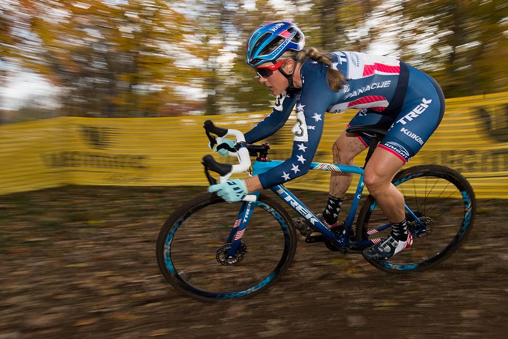 Katherine Compton (USA) KFC Racing p/b Trek/Knight takes a serpentine corner.