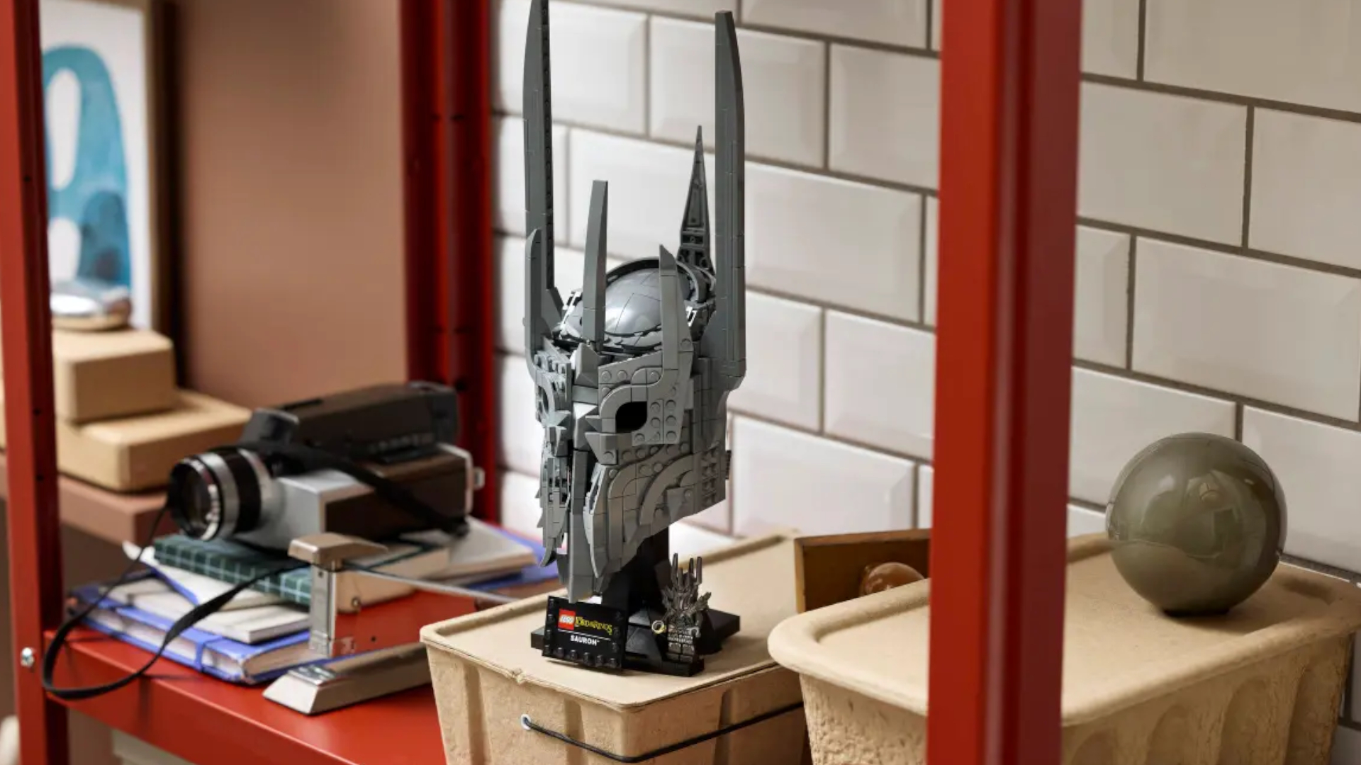 Lego Sauron's Helmet on a shelf