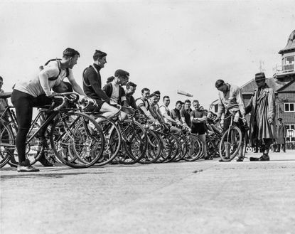 Riders lining the track at Brooklands in 1934