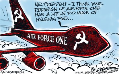 Political cartoon U.S. Air Force One Trump Putin Helsinki summit treason